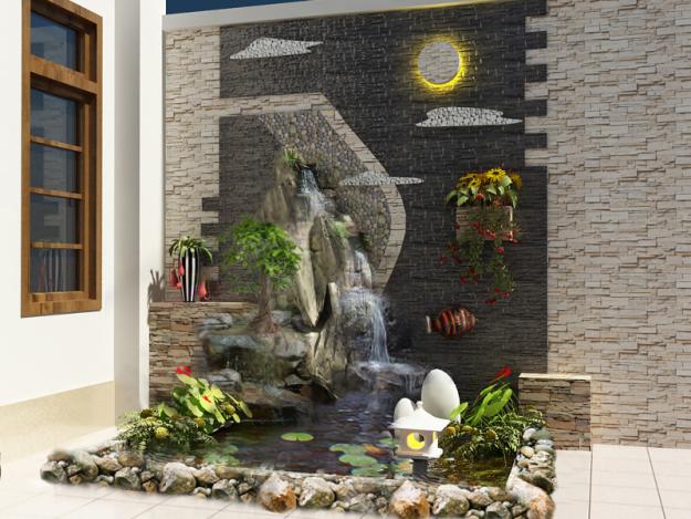 Tranh đá trên tường kết hợp giữa hòn non bộ thác nước trong không gian hẹp cũng làm cho không gian nhà bạn trở lên choáng ngợp hơn
